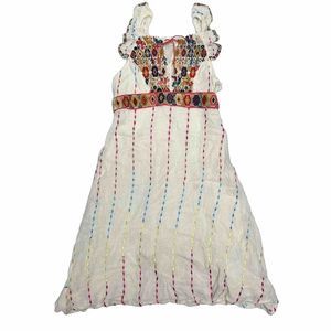 Altar'd State Women's Ruffled Crinkle Llama Embroidered Midi Dress Size M Cream